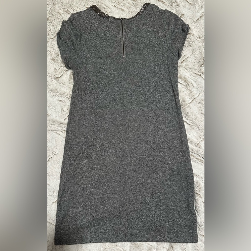 LOFT Heather Gray Knit Sweater Dress with Embellished Beaded Collar - Picture 11 of 14